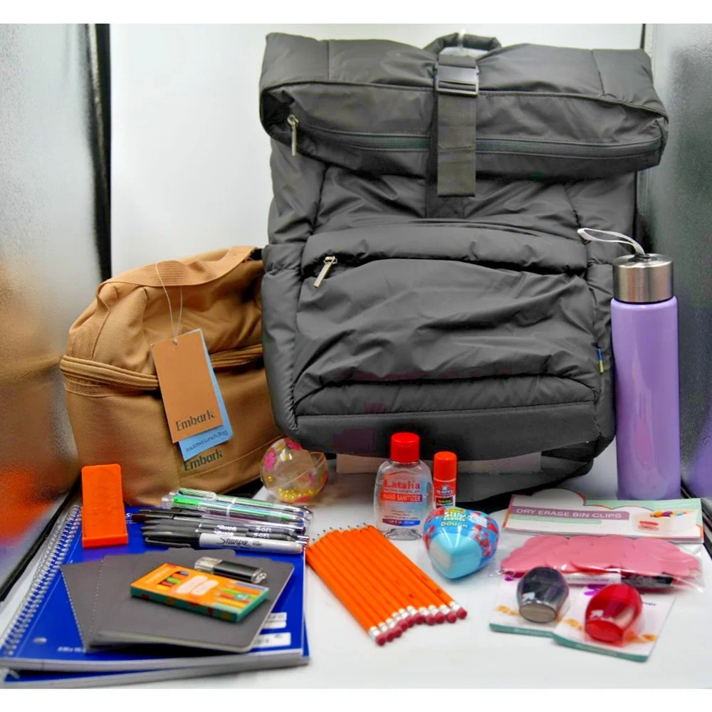 One Story Black Puffer Backpack Bundle -Tan Embark Lunchbox and 25+ School Items